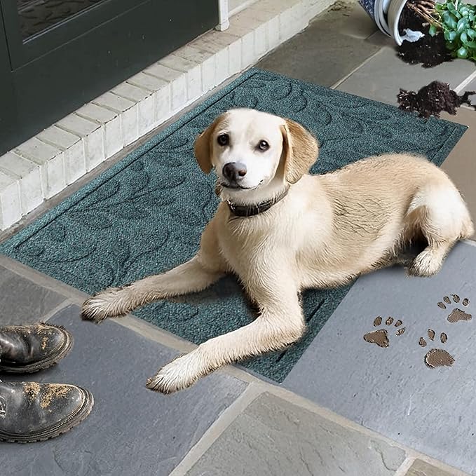 WaterHog Welcome Mat for Indoor/Outdoor, 2’ x 3’, Made in USA, Durable & Water-Resistant, Dirt Trapping Mat, Decorative Front Door and Entryway Rug, Brittney Leaf Design, Bluestone