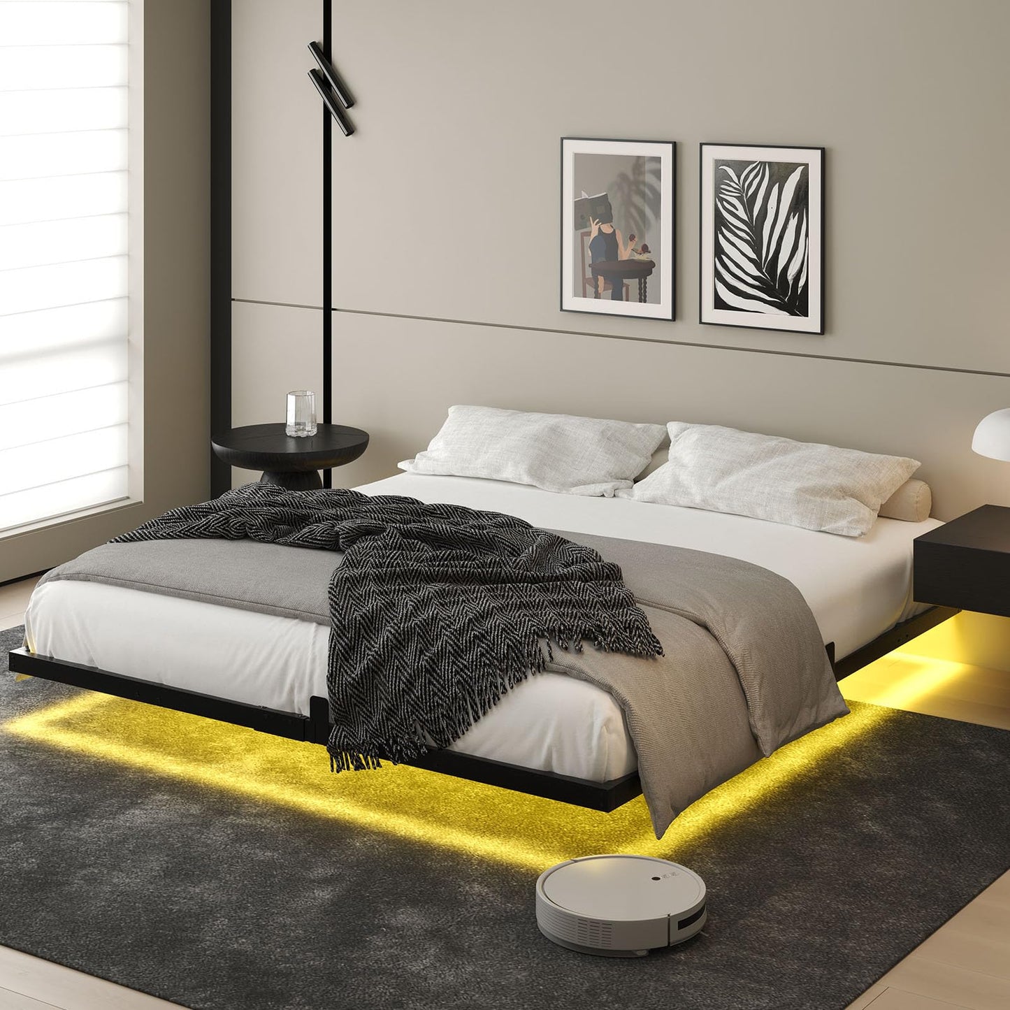 HOMBCK Floating Bed Frame King Size with Smart LED Lights, Modern Metal Platform, No Box Spring Needed/Easy to Assemble/Noise Free