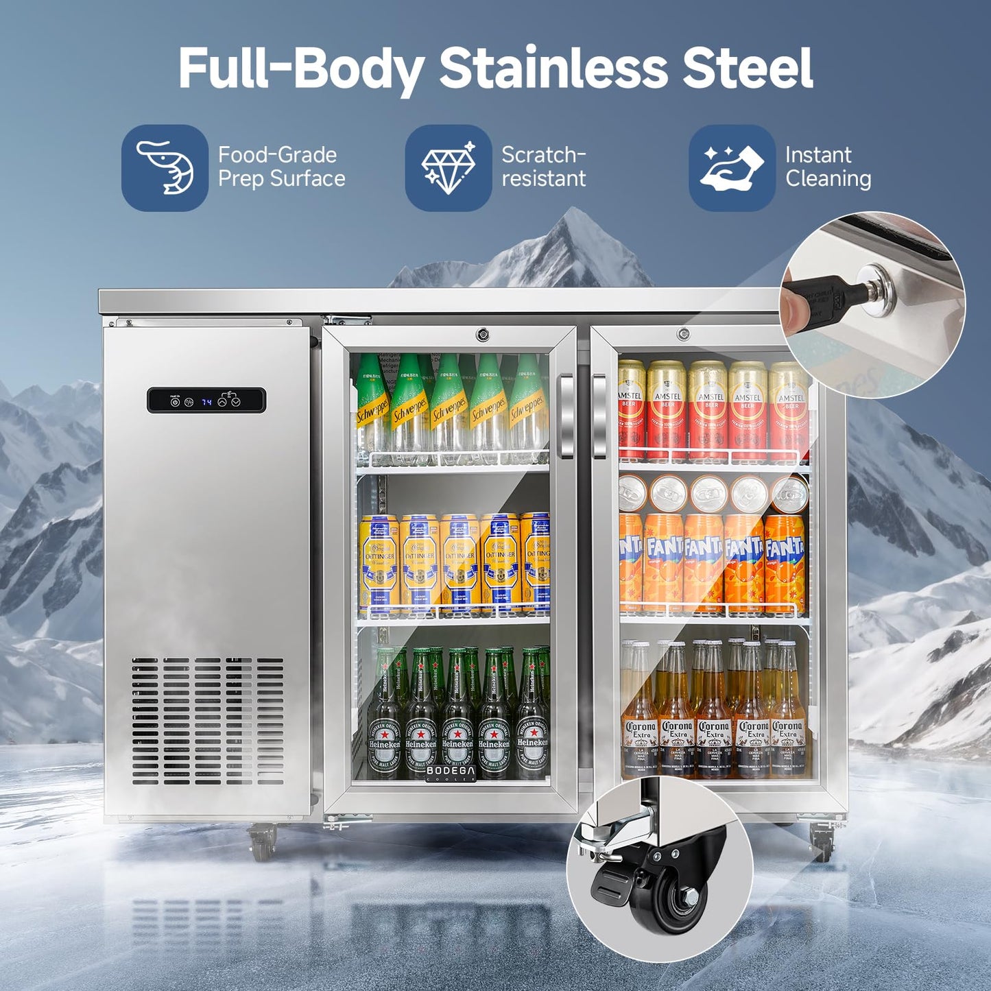 BODEGACOOLER Commercial Cooler with 2 Glass Doors, 12 Cu.Ft Stainless Steel Counter Height Back Bar Refrigerator, Beverage Display Fridge for Soda, LED Lighting, SUS304
