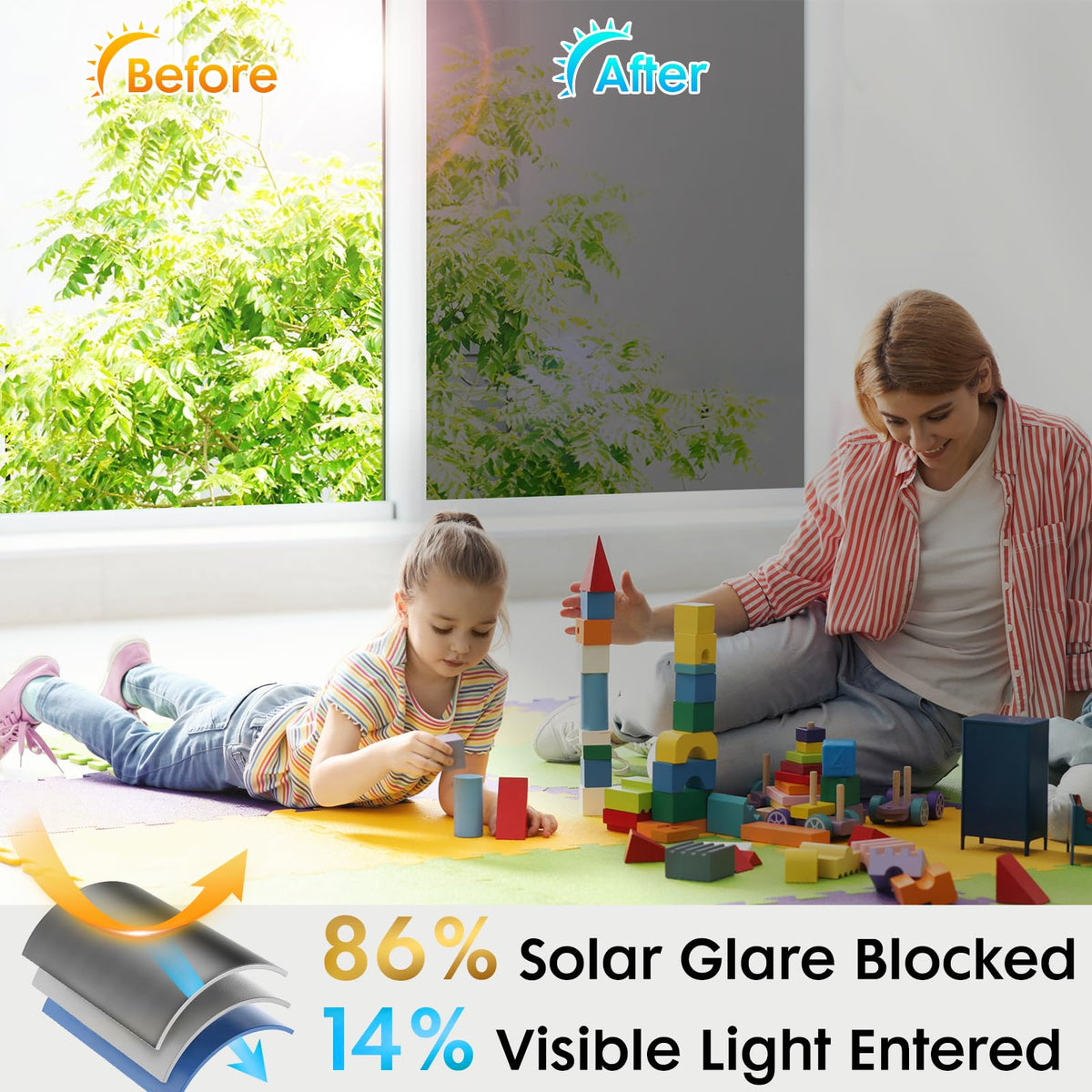rabbitgoo One Way Window Privacy Film with Kit Window Tint for Home UV Heat Blocking Static Cling Sun Blocker Light Darkening Reflective Mirror Covering See Out Not in 17.5 in X 6.5 Feet Black Silver