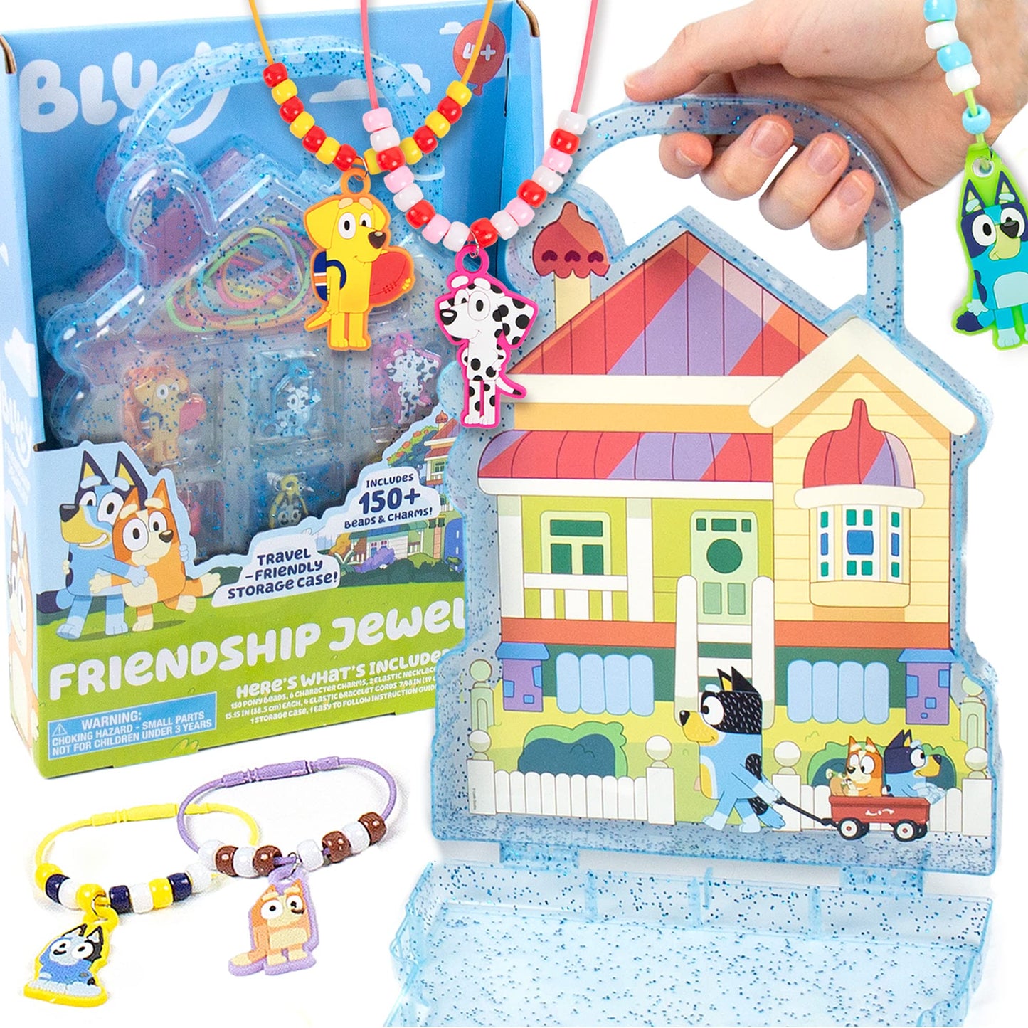 Bluey Friendship Jewelry, Create 4 Bluey Charm Bracelets & 2 Bluey Charm Necklaces, Includes 150 Beads & 6 Rubber Charms with Bluey Storage Case, Gifts for Kids Boys Girls