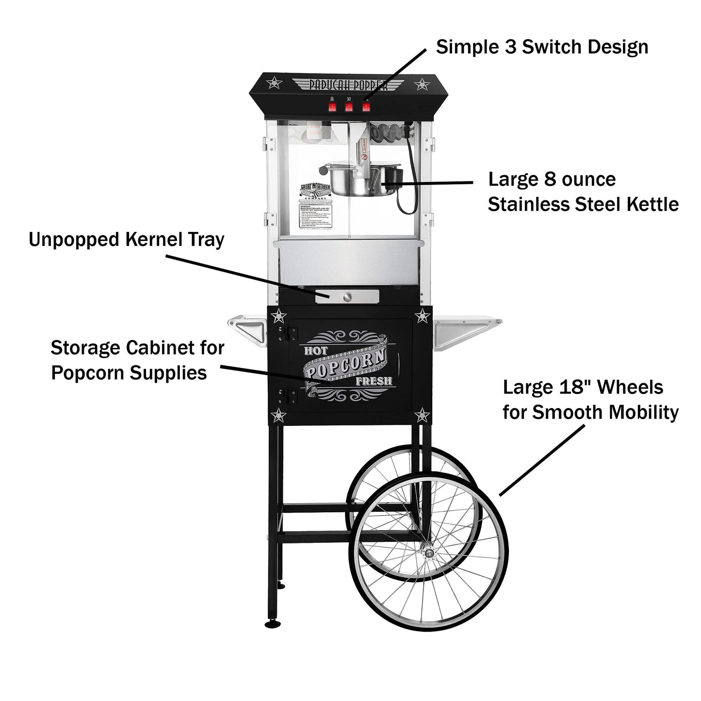 Paducah Popcorn Machine - 3-Gallon Antique Popper with Cart, 8oz Kettle, Old Maids Drawer, Warming Tray, and Scoop by Great Northern Popcorn (Black)