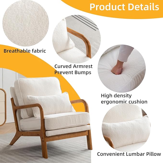 SEYNAR Mid-Century Accent Chair,Sherpa Fabric Lounge Chair with Wide Armrest,13-16.5'' Low Seat Height Armchair with Lumbar Pillow & Solid Wood Frame for Living Room, Bedroom, Balcony(Cream White)