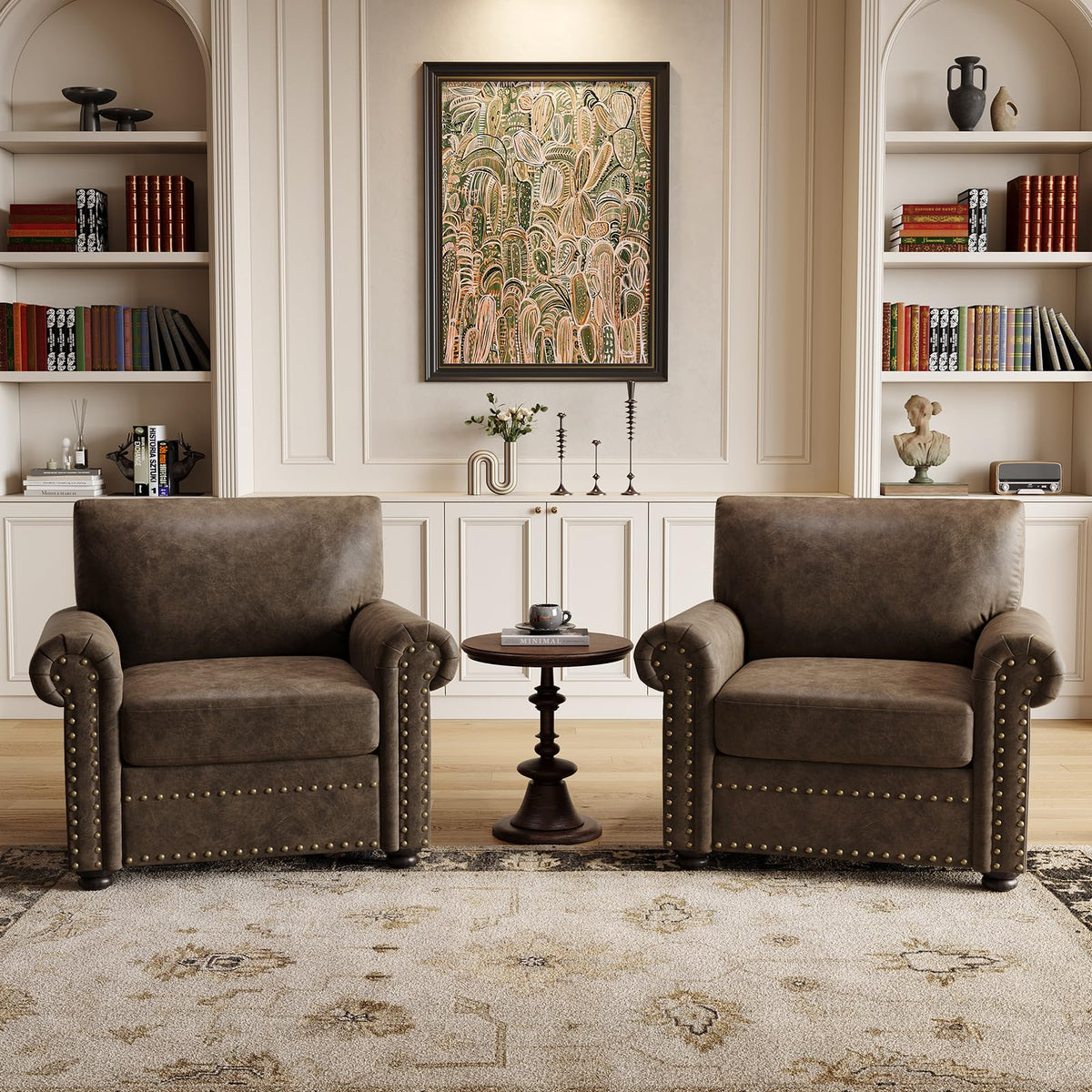 ONBRILL Faux Leather Accent Chair, Nailhead Trim Armchair for Living Room, Rolled Arms Single Sofa Chair, Springs Cushions, Solid Wood Legs, Comfy Upholstered Club Chair for Bedroom, Apartment, Brown