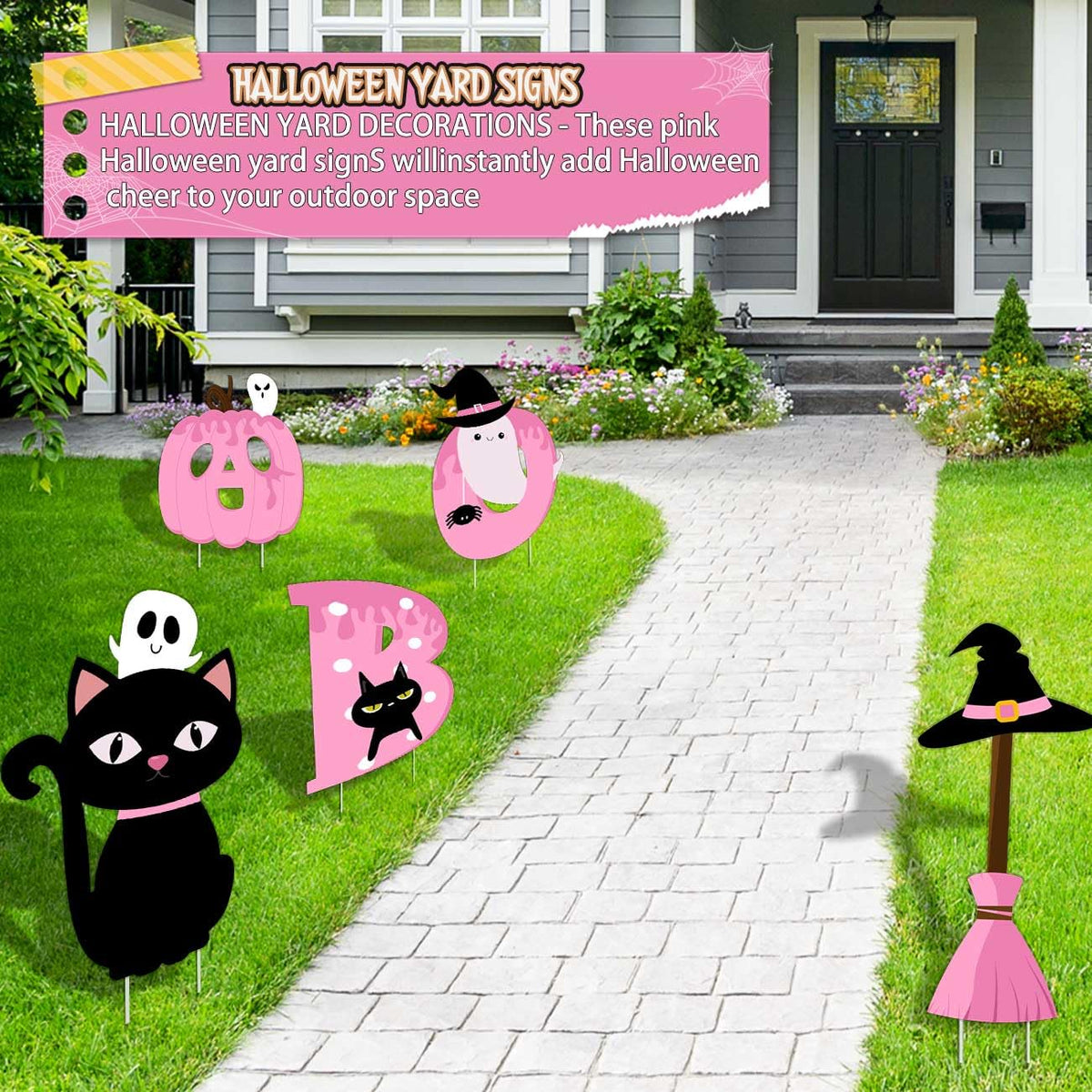 Halloween Decorations Outdoor Pink BOO Yard Signs Happy BOO Day Halloween Yard Decor with Stakes Halloween Pink Pumpkin Lawn Decorations for Garden Home Decor 5PCS