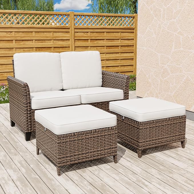 COOS BAY Harbor Retreat 3 Piece Outdoor Furniture Set, Patio Conversation Set with 2 Seat Loveseat and Ottomans, Wicker Furniture, Brown/Beige