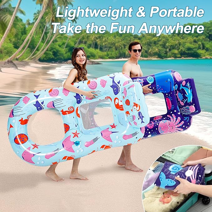 PuppyuWill 4 Pack Pool Floats Adult,Inflatable Pool Lounger Float Heavy Duty with Cup Holder, Backrest & Footrest Pool Lounge Float Extra Large Pool Rafts for Adults Beach Lake Party