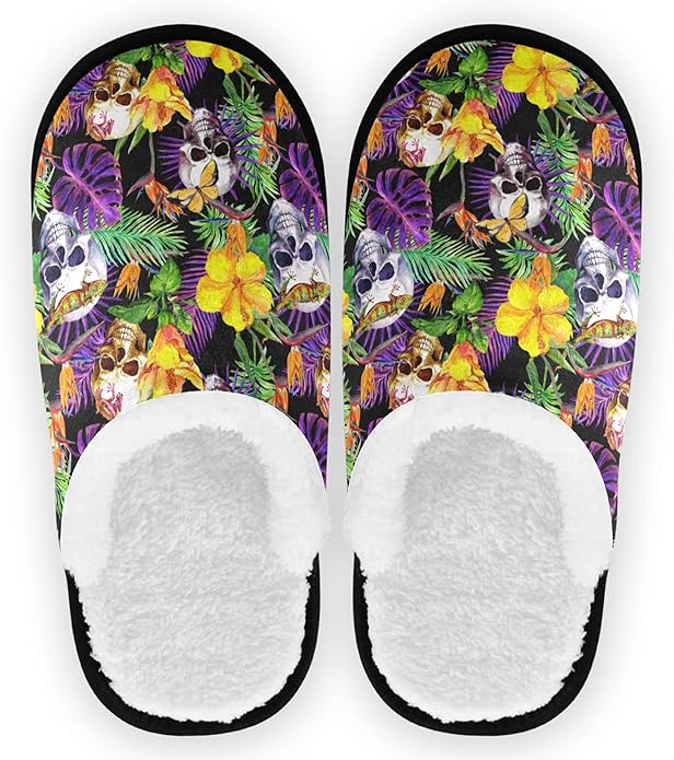 visesunny Skull Tropical Exotic Flower Cozy Fuzzy Womens Memory Foam House Slippers Plush Fleece Indoor Outdoor Slipper