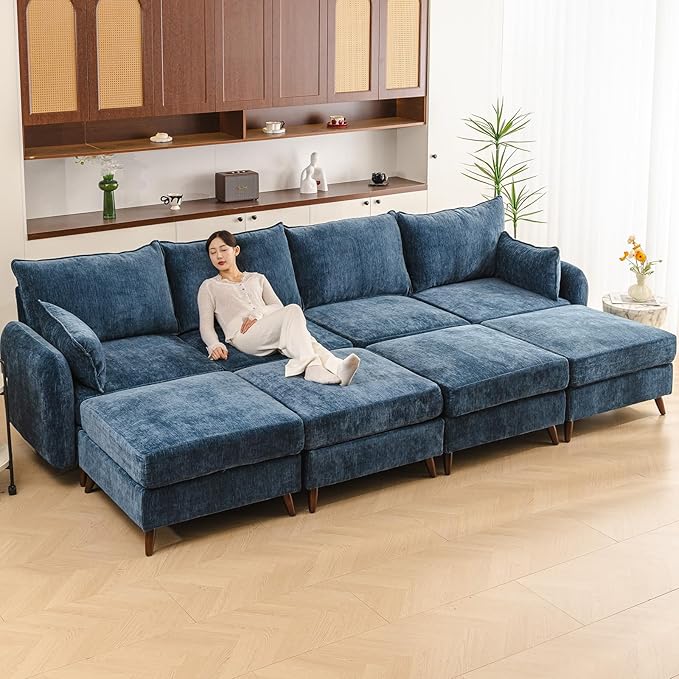 Rexulqo 135'' Modular Sectional Sofa with Seats Storage, Oversized Sleeper Sofa Bed,4-Seater Comfy Cloud Couches with Movable Ottoman,24.5'' Deep Seat,Big Sofas for Living Room,Bedroom,Velet,Blue