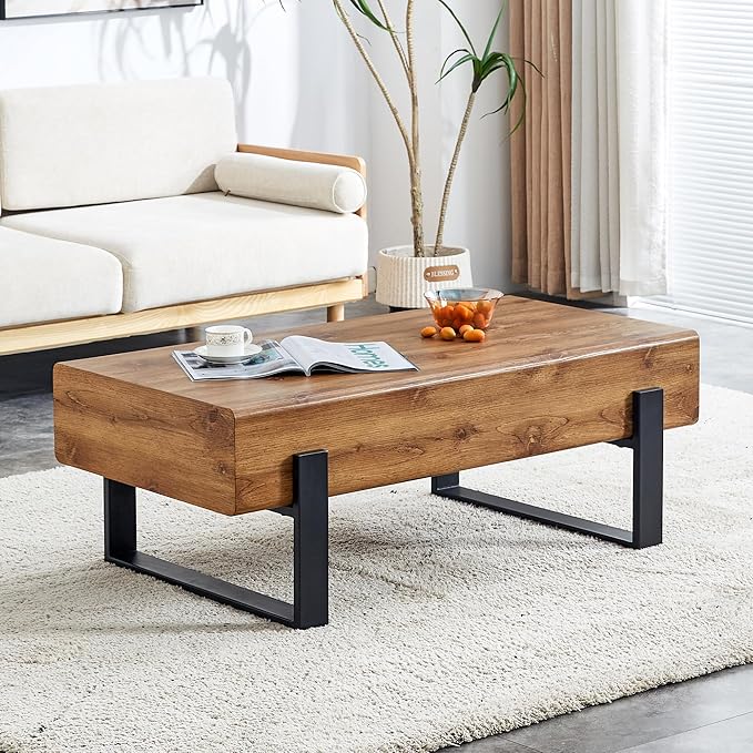 LKTART 47.24'' Modern Rectangle Coffee Table Black Metal Legs for Living Room Dining Room Bedroom Office