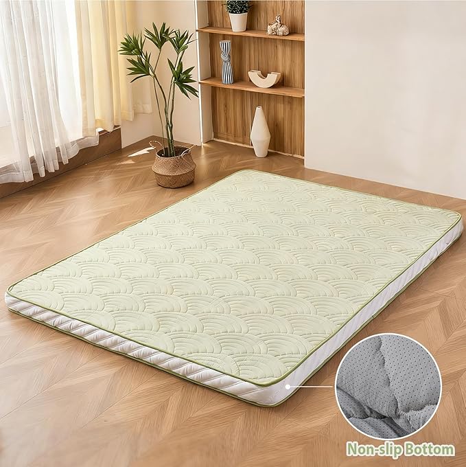 Zelladorra Japanese Floor Mattress, Quilted Futon Mattress with Anti-Slip Bottom, Foldable Floor Bed with Storage Bag and Straps, (Green, Full)