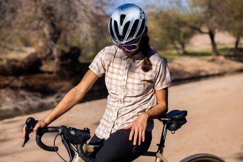Club Ride Women's Bandara Shirt - Lightweight and Breathable Short Sleeve Button Up for Female Cyclists -Oatmeal Splash -Large