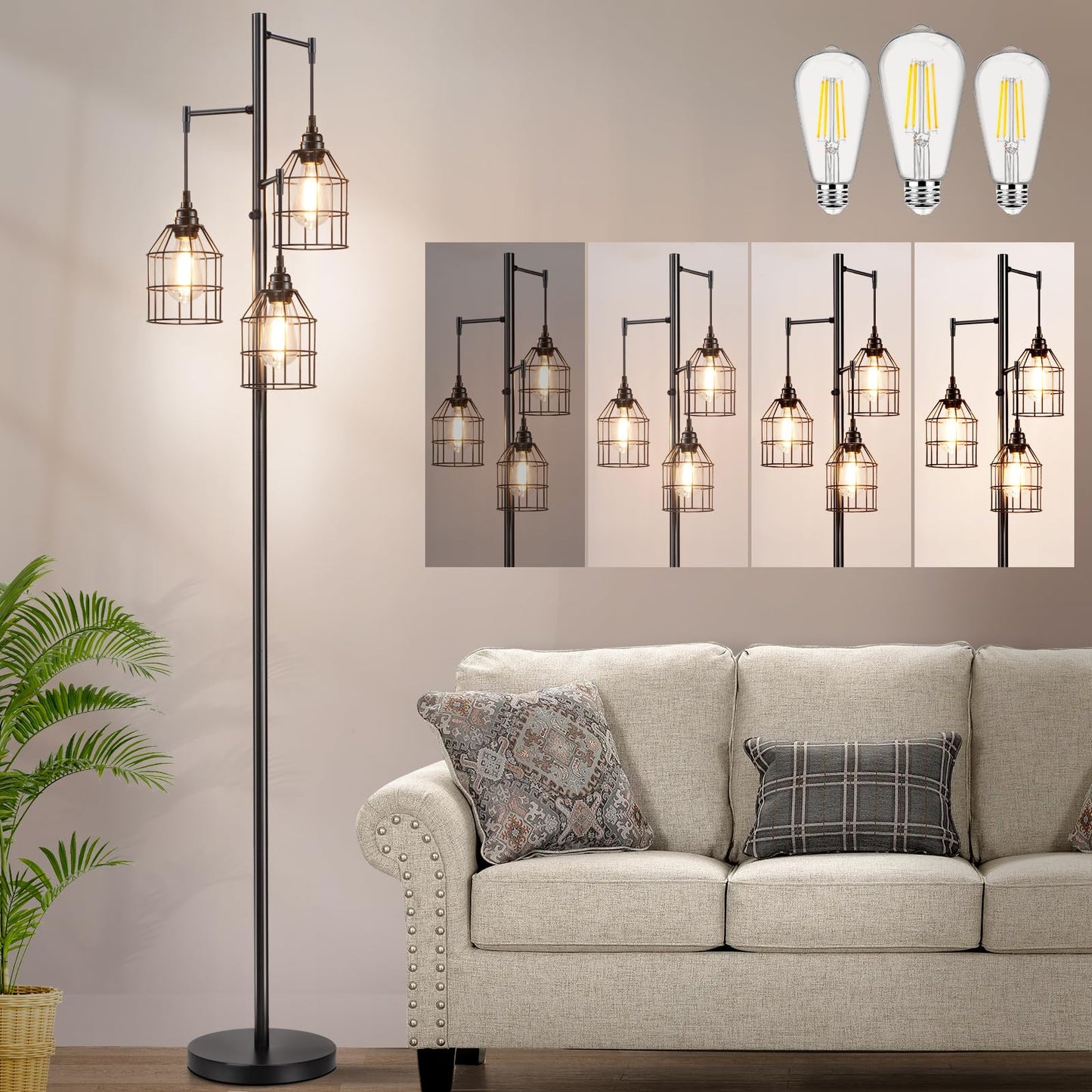 Sucolite 70" Dimmable Floor Lamp for Living Room, Industrial 3-Light Tree Floor Lamp Black with Cages, Farmhouse Rustic Tall Standing Lamp Floor Lighting for Bedroom Office, 3 Free LED Edison Bulbs