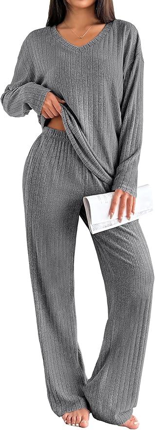 Ekouaer Lounge Sets for Women Long Sleeve Knit Ribbed Pajama Sets 2 Piece Casual Loungewear with Pockets