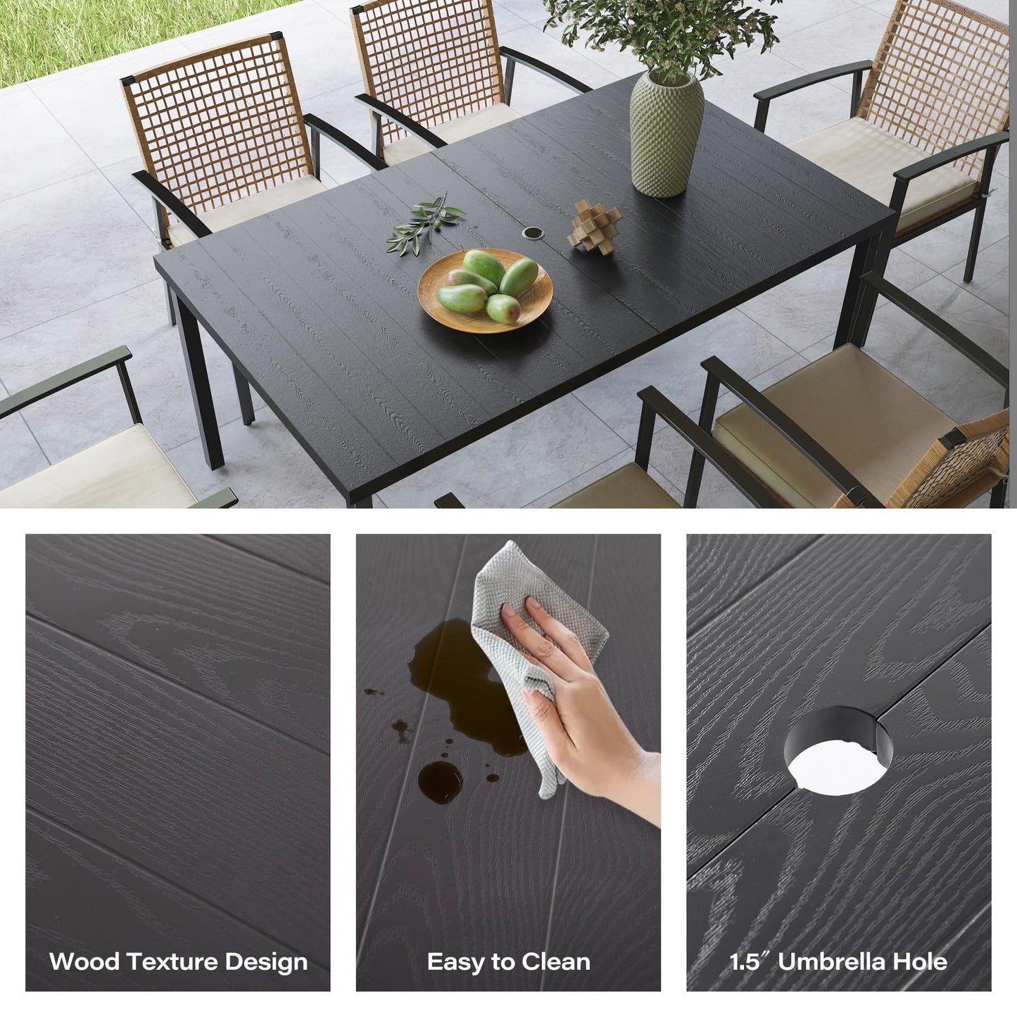 LAUSAINT HOME 7 Pieces Patio Dining Set, Outdoor Furniture Set of 6 Chairs with Soft Cushion and Iron Slats Table Top with Umbrella Hole, Conversation Set for Backyard, Garden and Poolside