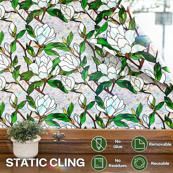 Stained Glass Window Film UV Resistant Window Privacy Film White Floral Privacy Rainbow Decals Living Room Bedroom Sun Blocking Decor Removable Static Cling Stickers 17 x 78.74 Inch