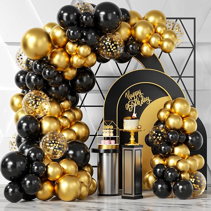 Bezente Black Gold Balloons Garland Kit, 100Pcs Black Gold Metallic Chrome and Gold Confetti Balloons Arch with Tape for N...