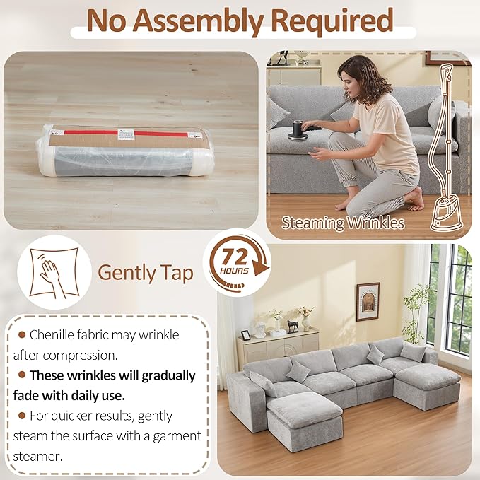 155''Cloud Boneless Sectional Couch, Modular Sectional Sofa Deep Seat with 2 Ottomans, Oversized Upholstered Convertible Comfy 6 Seater Chenille Sofa U Shape Couches for Living Room, Light Grey