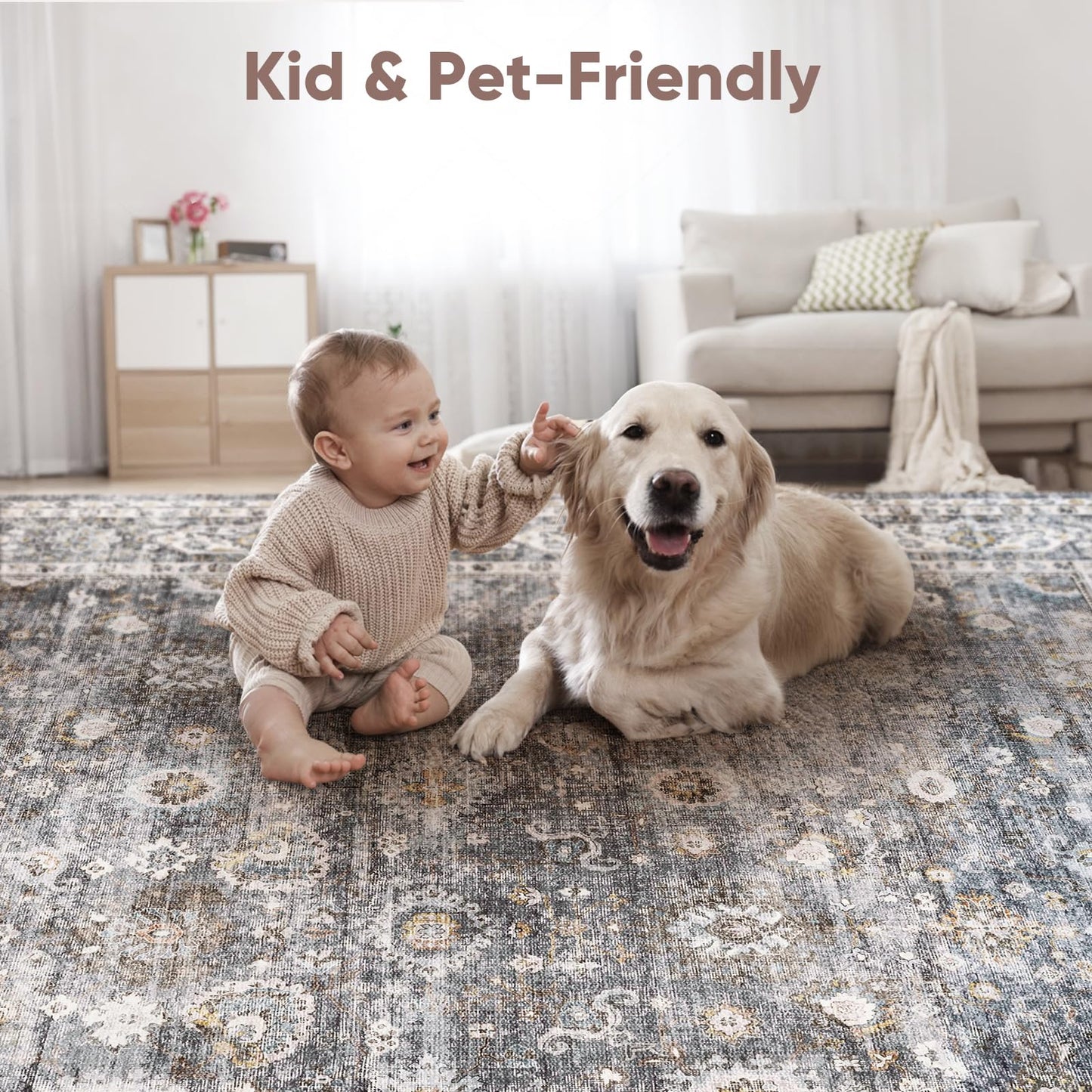 Rugcomf 8x10 Rug Washable Boho Rug Soft Large Area Rug Non-Slip Non-Shedding Faux Wool Vintage Rug for Living Room, Farmhouse, Dining Room, Indoor, Kids Playroom (Grey)