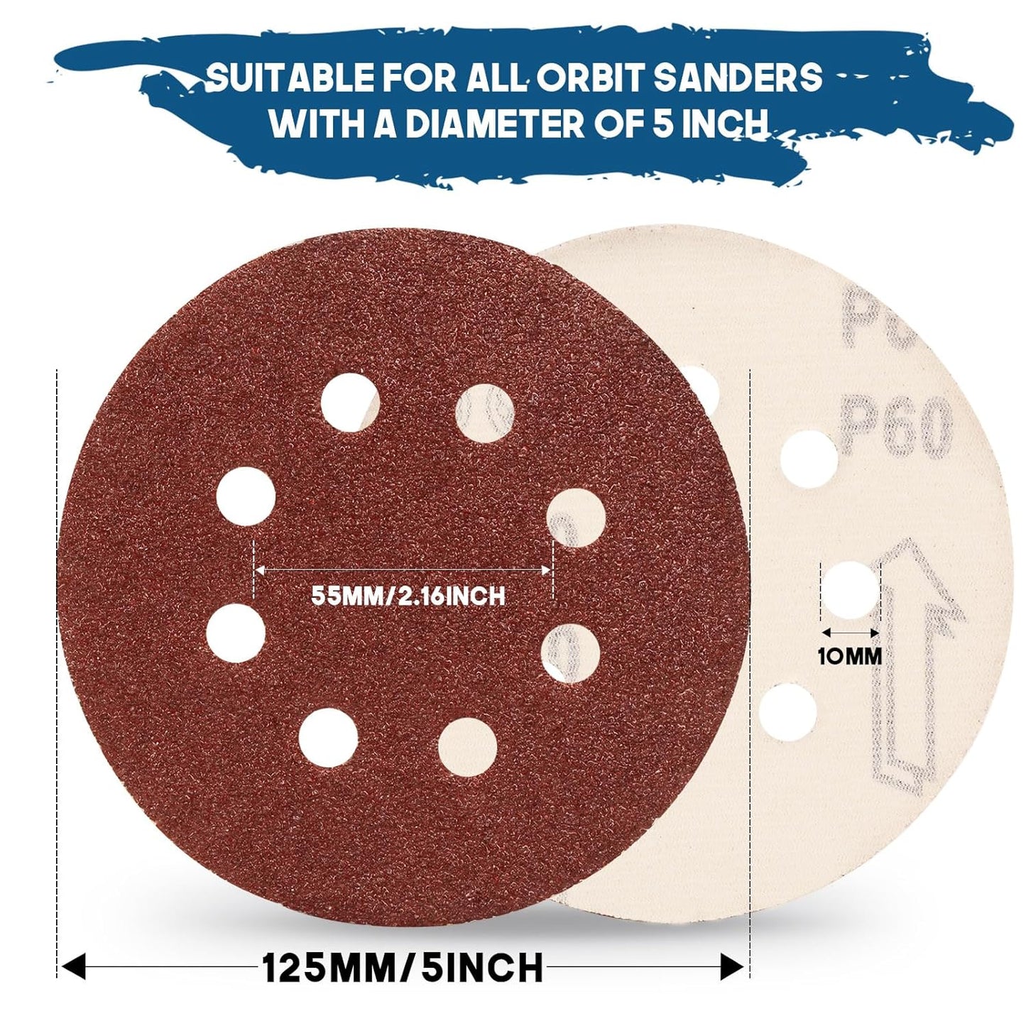 5 Inch 8 Hole Sanding Discs, 150 PCS 60 Grit Hook and Loop Sandpaper, Round Aluminum Oxide Sand Paper Discs for Random Orbital Sander