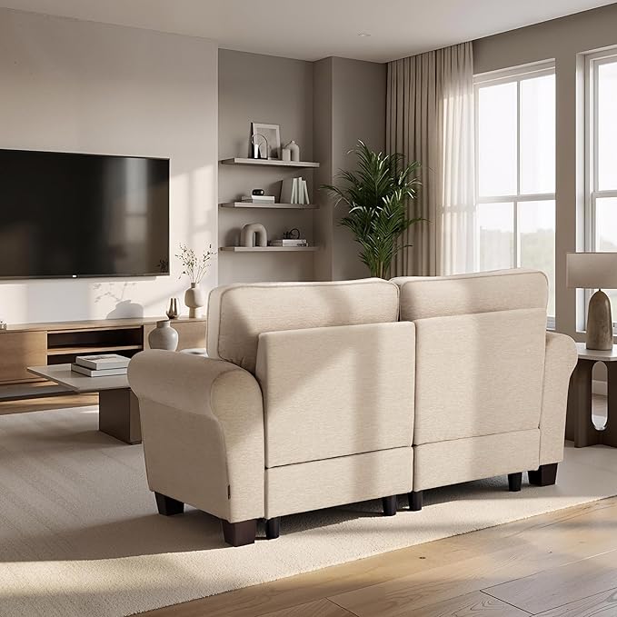 MCombo 67.7" Loveseat Sofa, 2-Seater Small Couch for Small Spaces, Classic Rolled Arm Upholstered Sofa with Solid Wood Legs for Living Room, Removable Cover, Chenille Fabric VE730 (Beige)