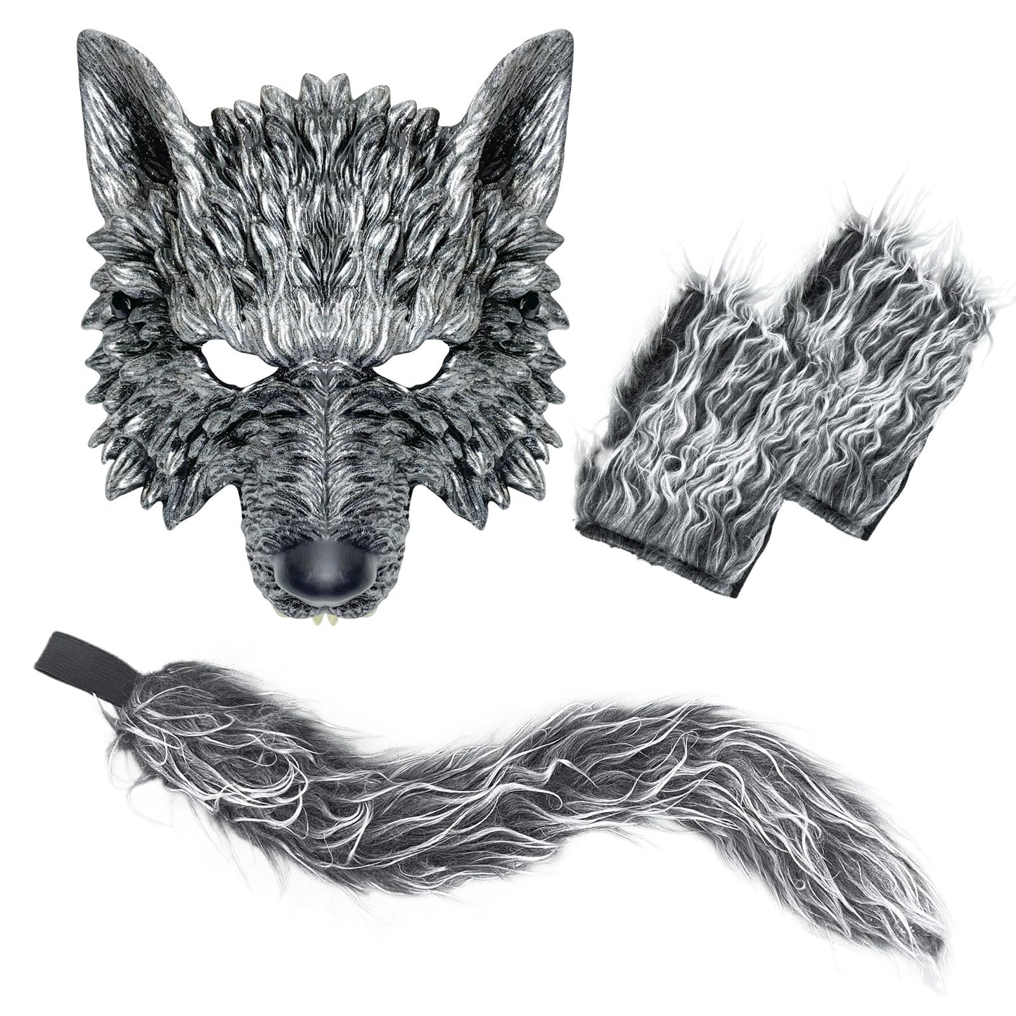 Exlinonline Wolf Costume Headwear (WW-099) for Halloween Party - Includes Wolf Ears, Tails, Gloves and Mask - Perfect for Women, Men, Kids, Boys and Girls - One Size Fits Most