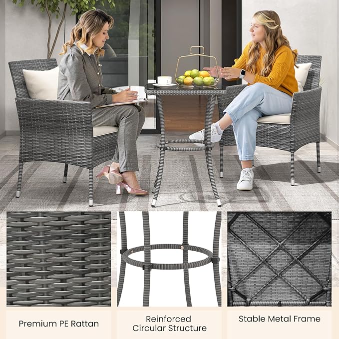 KOTEK 3 Pieces Patio Furniture Set, PE Rattan Outdoor Conversation Set with Tempered Glass Table & Soft Cushions, Wicker Bistro Set for Garden, Porch, Balcony (Off White)