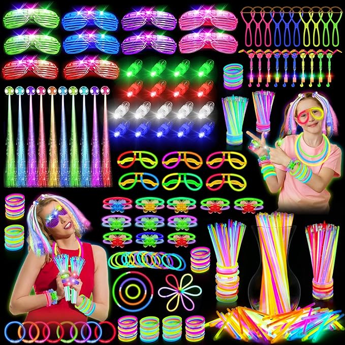 OLUPP Glow in the Dark Party Supplies, 264 PCS Light Up Party Favors with LED Glasses,Glow Sticks,Finger Lights,LED Hair C...