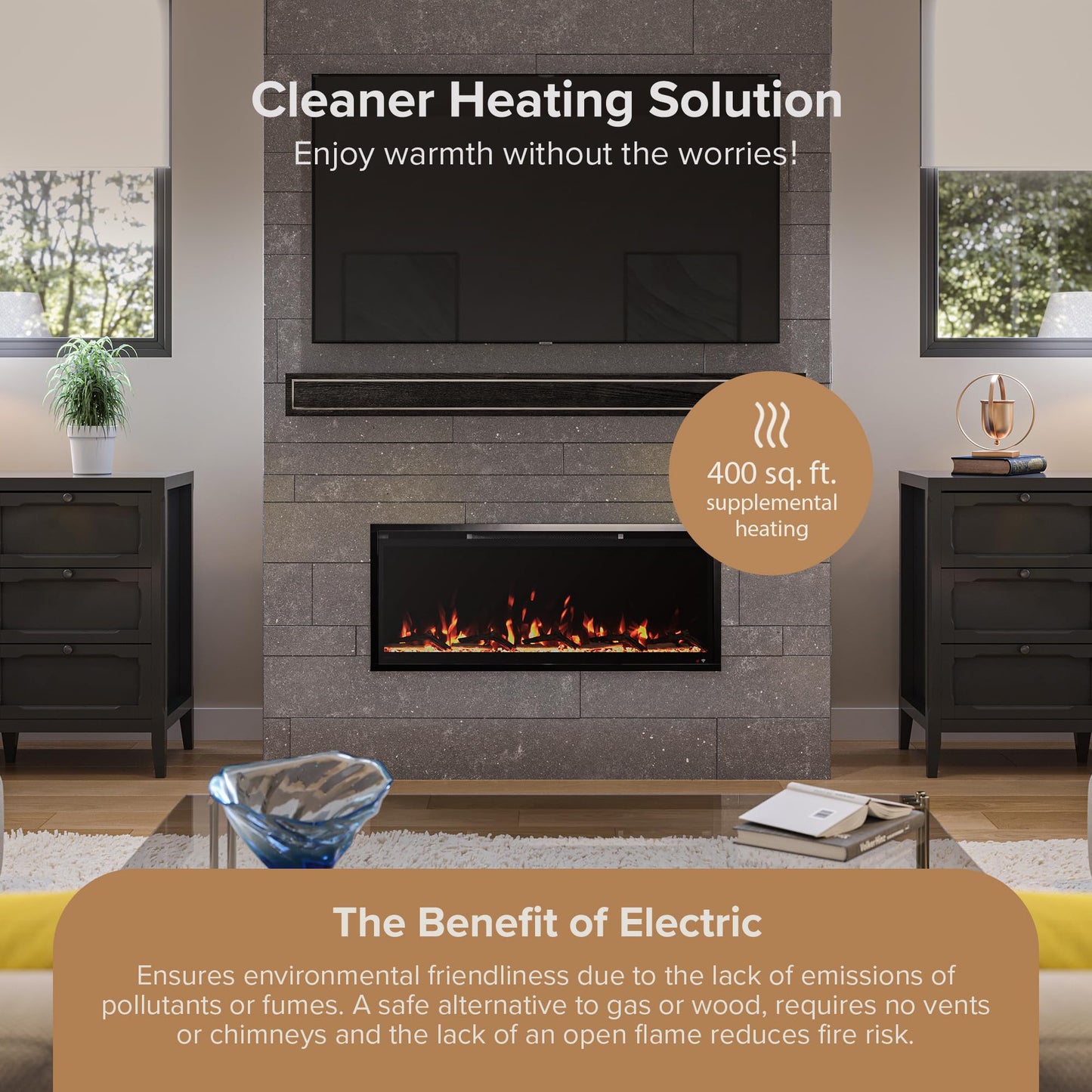Modern Ember Aerus Slim 42 Inch Smart Linear Electric Fireplace | Recessed in-Wall or Wall-Mount | LED Multiple Flame Colors | Alexa/WiFi Enabled | 4.25” Profile | Remote Included