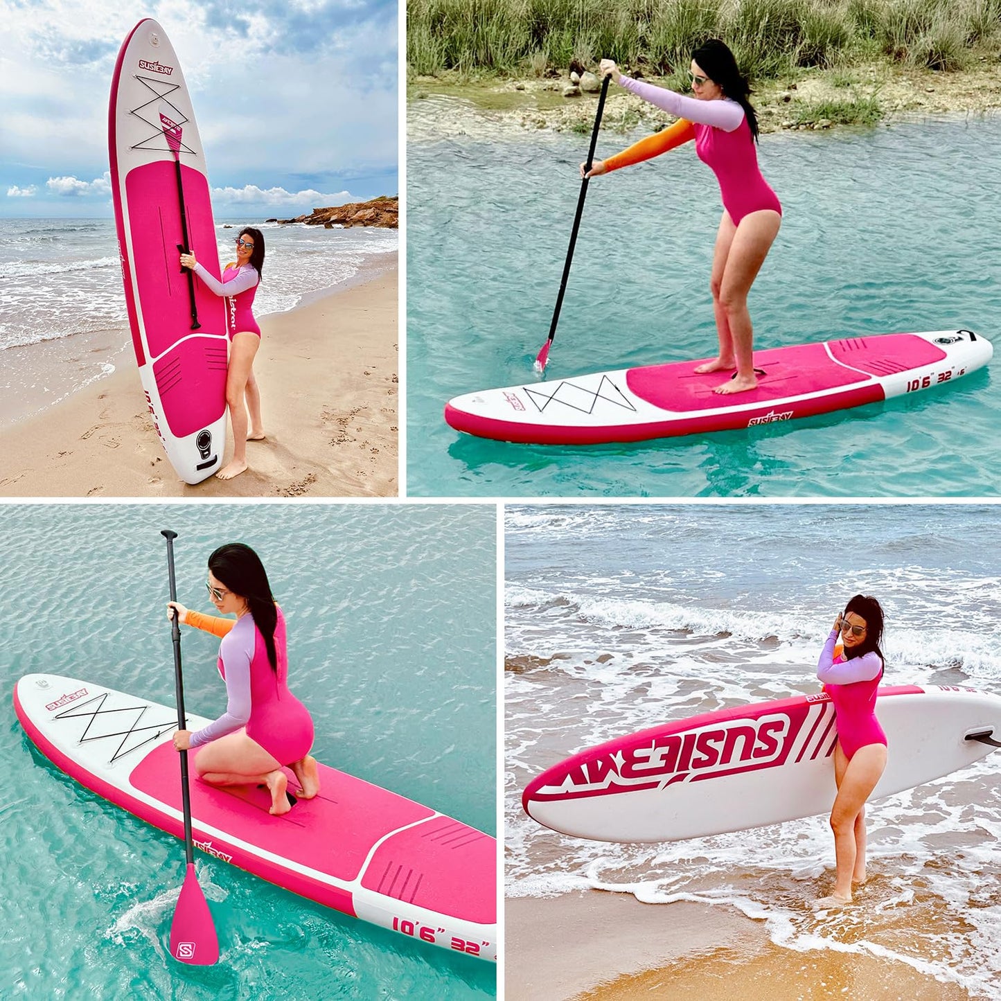 SUSIEBAY Inflatable Stand Up Paddle Board, Pink Paddle Board for Adult & Youth with sup Accessories, Wide Stance for All Levels, Traveling Board, SUP Board,Non-Slip Deck, Double Action Pump