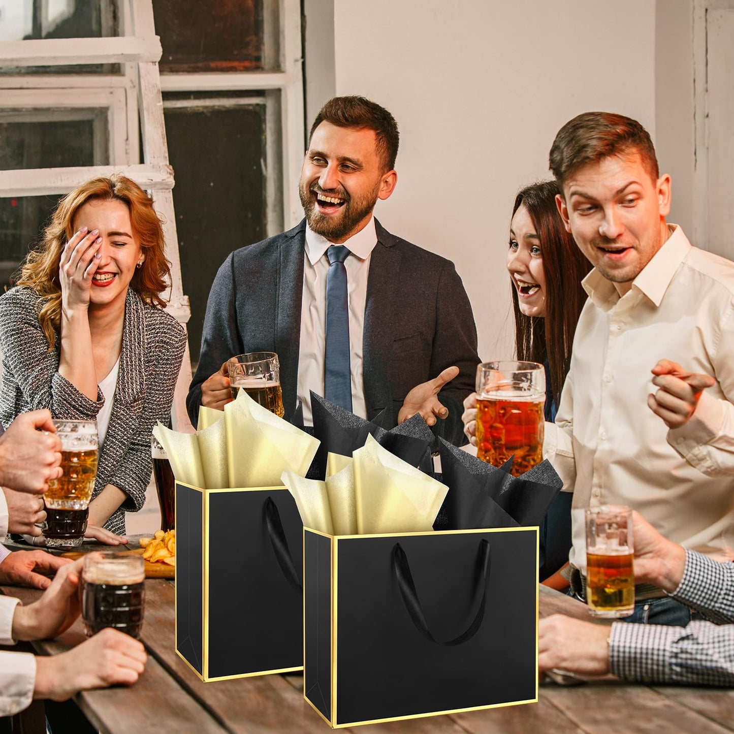 ReliThick 12 Pack 12 Pack Metallic Paper Gift Bag with Handles and Tissue Paper 11.8 x 10 x 4'' Thank You Favor Bag for Wedding Bridesmaid Groomsmen 5 Senses Birthday Gifts (Black,Gold)
