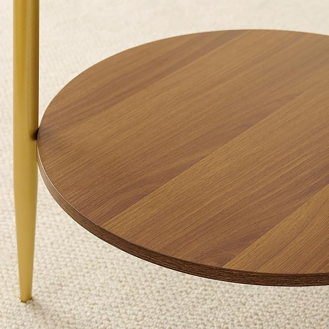 Pine Flicker Round End Table, Mid-Century Modern Design, D20*H23 inch, for Living Room, 2-Tier Structure, Clear Glass Top and Walnut MDF Shelf, Sleek Conical Metal Legs with Gold Finish