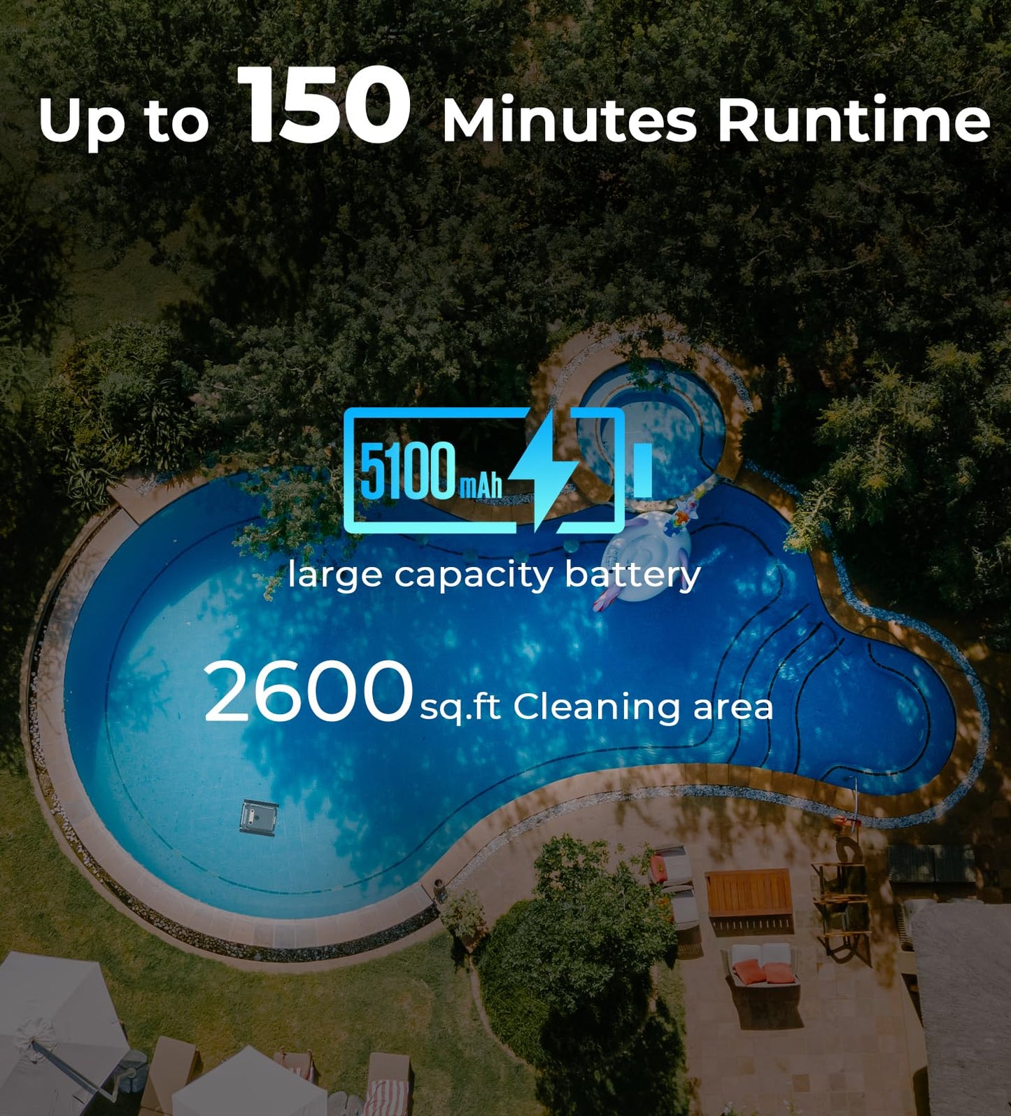 Ezioov U8 Cordless Robotic Pool Cleaner, Wall & Waterline Cleaning, Smart Navigation, Auto-Docking, 150 Min Runtime, Pool Vacuum Robot for Inground & Above-Ground Pools up to 2600 Sq.ft