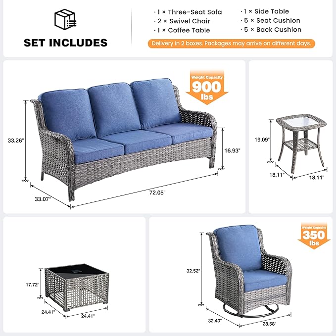 ovios 5 Pieces Patio Furniture Set, Outdoor Wicker Sofa Couch with Swivel Chairs Solar Lights Table, High Back Modern All Weather Conversation Sets, Grey Rattan, Denim Blue