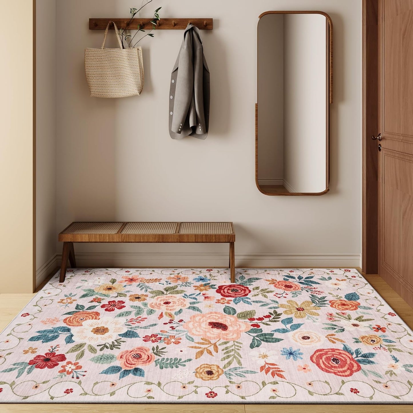 DUKINO 4x6 Feet Office Chair Mat, Lightweight Non Slip Washable Floral Area Rug, Indoor Low Pile & Non-Shedding Boho Design Rugs for Bedroom, Living Room, Dining Room, Beige