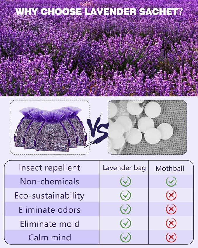 26 Pack French Lavender Sachet Bags, 100% Natural French Potpourri Dried Lavender Sachets for Drawers and Closets, Strong Smell Fragrance Fresh Scents Home