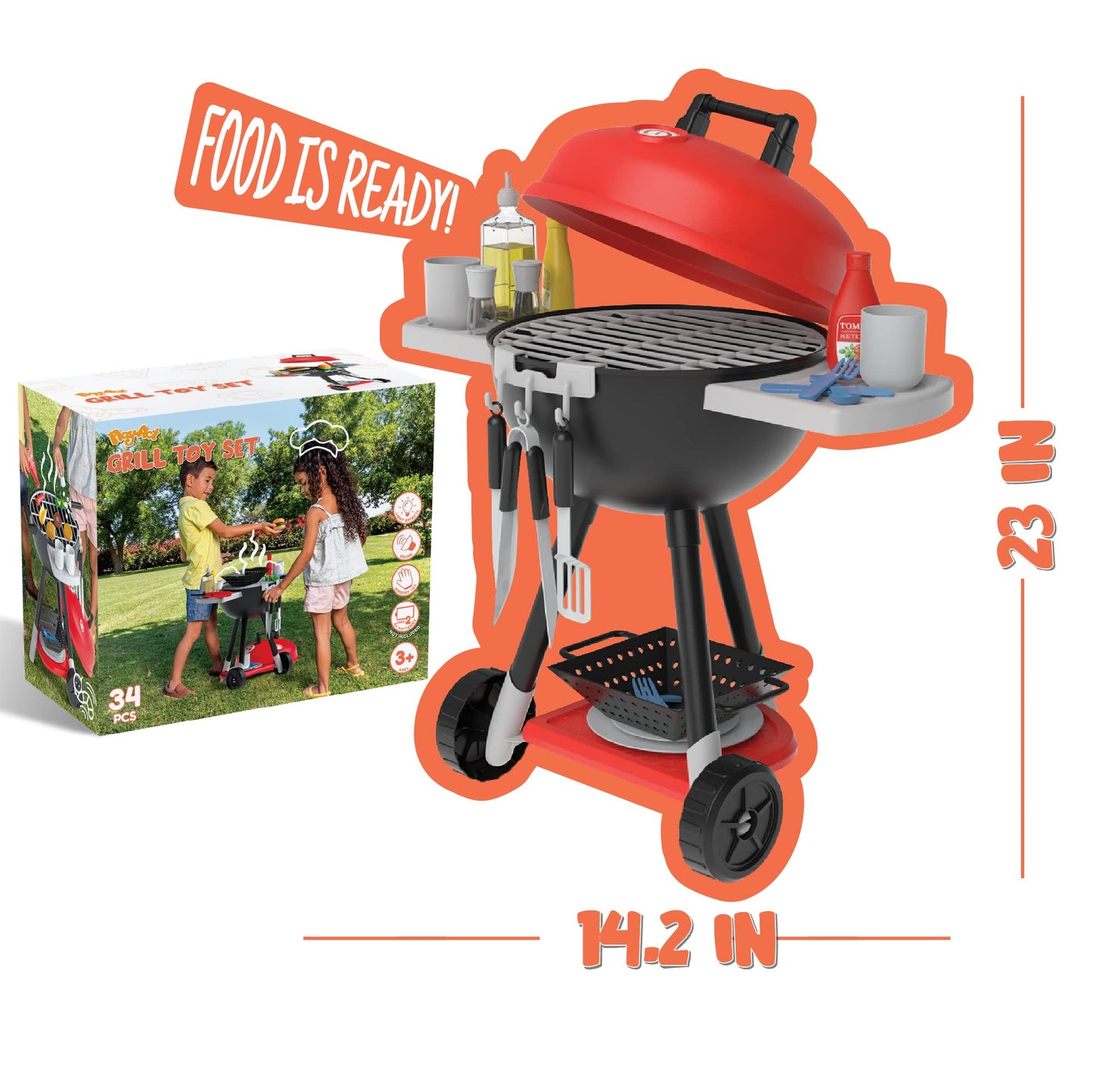 JOYIN 34 PCS Kitchen Toy Set, BBQ Play Grill, Cooking Toy Set, Little Chef Play, Kids Grill Playset Interactive BBQ for Kids with Light & Sound, Birthday Gift for Boys Girls
