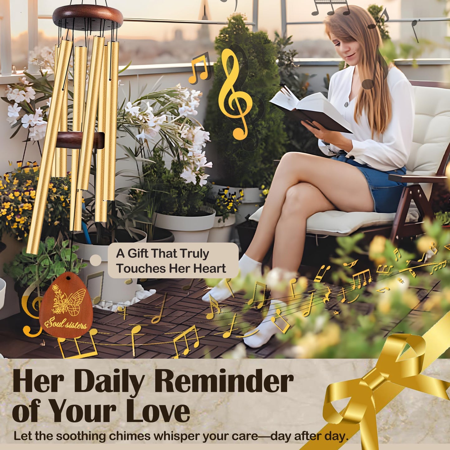 Lintriguingly Sister Birthday Gifts from Sister, Birthday Gifts for Women 26” Wind Chimes with Soul Sister Quote, Unique Sister Gift Idea for Christmas 、Friendship, Sentimental Present for Her
