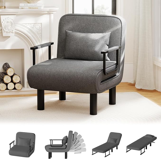 Furniliving 4 in 1 Folding Sofa Bed Chair, Convertible Sleeper Chair Bed with 6-Position Adjustable Backrest, Upholstered Chaise Lounge with Pillow, Accent Chairs for Bedroom/Office, Linen, Darkgrey