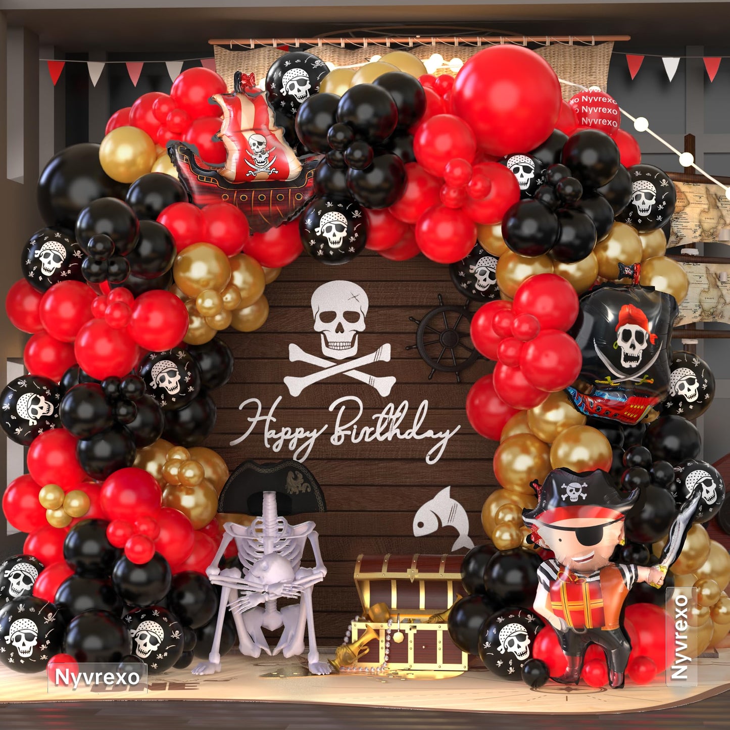 Pirate Birthday Party Decorations, 142Pcs Red Black Metallic Gold Balloon Garland Arch Kit with Pirate Ship Foil Mylar Balloon for Summer Sea Sailing Adventure Ocean Theme Halloween Party