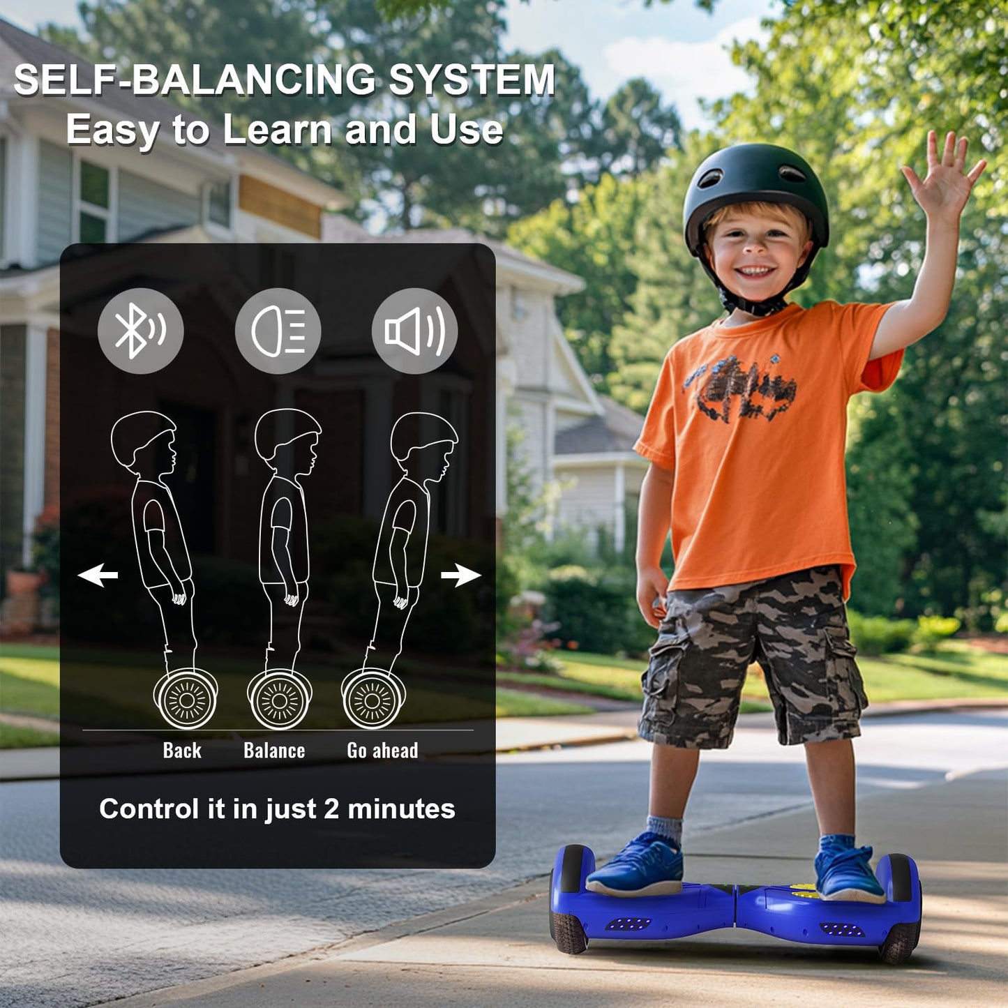 Commugo Kids Scooter with Bluetooth Speaker & Corlorful LED Lights, Dual 250W Motor 7.5 Mph Speed, Gifts for All Ages