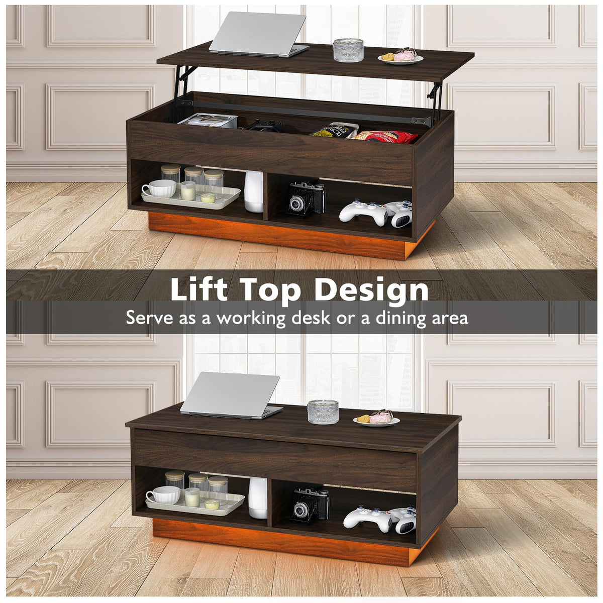 HOMMPA Modern Lift Top Coffee Table with Storage for Living Room LED Coffee Table Wodden Lift Tabletop Dining Table with Hidden Compartment and Metal Frame, Walnut
