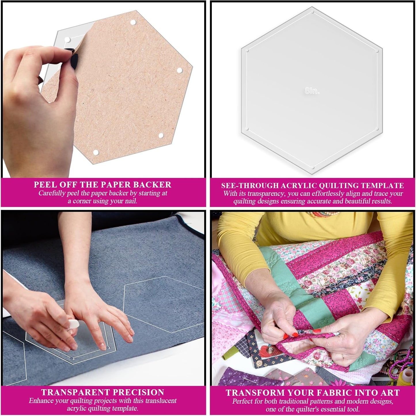 Hexagon Quilting Template Set - 8" with 1/4" Seam Allowance - Durable Acrylic Templates for Quilting, Patchwork, Crafting, & Sewing Projects - Clear Templates for Accurate Designing