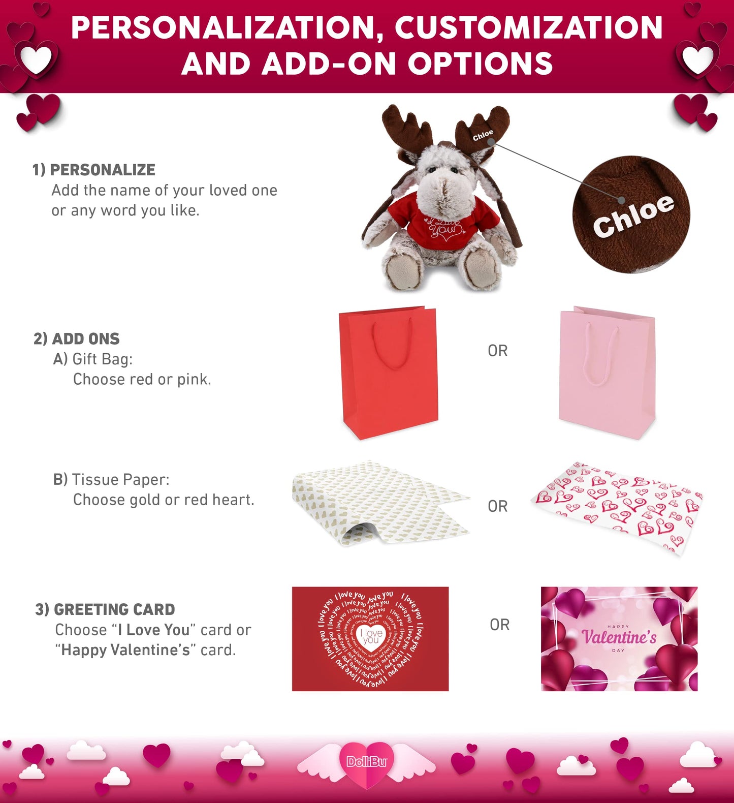 DolliBu I Love You Valentine Plush Moose with Clothes - Cute Stuffed Animal with Red Shirt and Name Personalization Gift for Valentines Day, Birthday, Anniversary, Romantic Date - 9 Inches