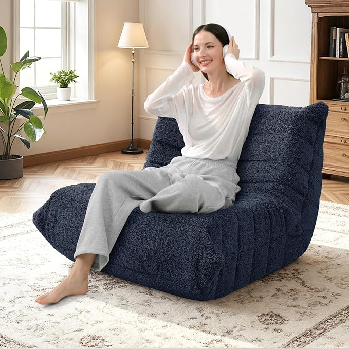 HABUTWAY Bean Bag Chairs Fireside Lazy Floor Sofa, Soft Teddy Fleece Bean Bag Sofa with High-Resilience Foam Filling，Beanbag for Living Room, Bedroom, Office (Navy Blue Teddy)
