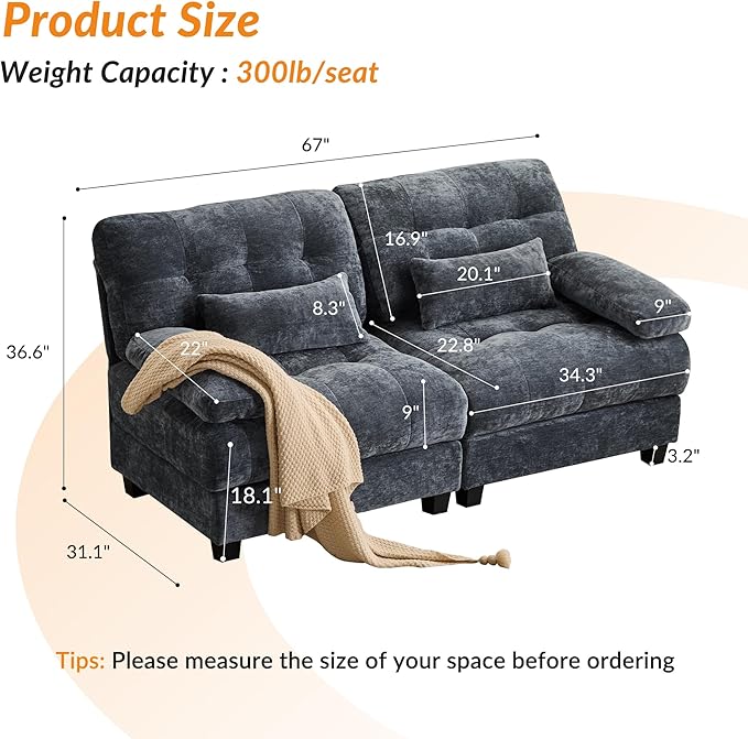 GRAINLLE 67'' Modern Chenille Love Seat Sleeper Cloud Couch Bed,Convertible Cozy Deep Seat Couches with Wide Armrest & Throw Pillows for Living Room,Home,Bedroom(Blue)
