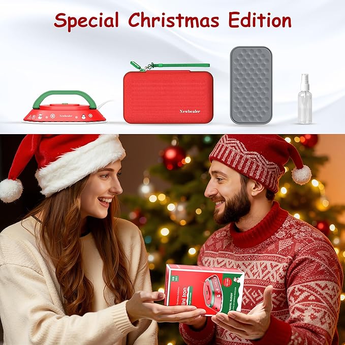 Newbealer Travel Iron with Global Voltage, Christmas Ready Gift, 100-240V Mini Dry Iron (No Steam), Max 300W, 60s Heat to 302℉, 0.8lbs, Festive Hard Case Included, Xmas Special Edition (Red)