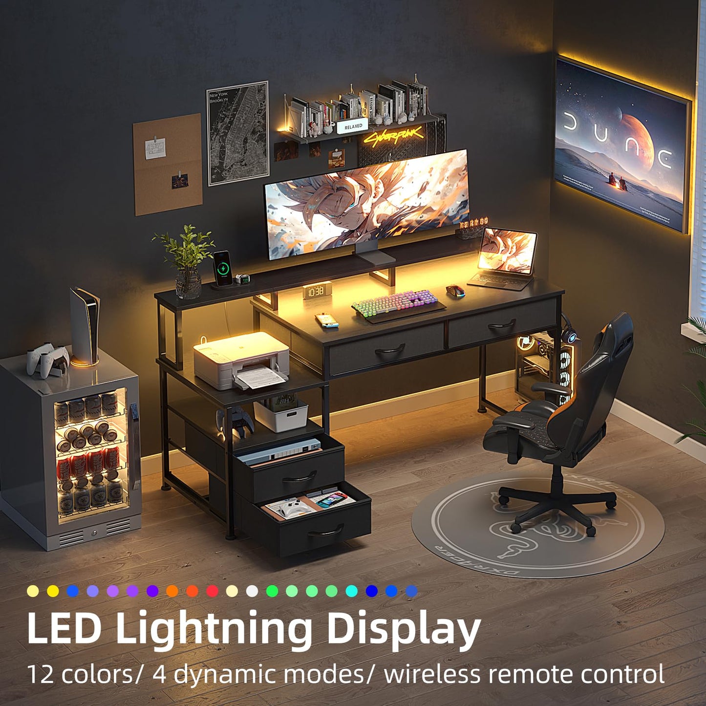 MUTUN 53" Computer Desk with 4 Drawers & Power Outlets, Reversible Home Office Desk with Monitor Stand & Printer Stand, Gaming Desk with Led Lights, Study Writing Work Desk Table for Bedroom (Black)