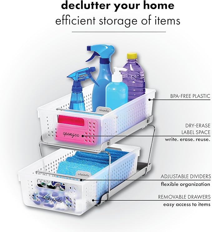 madesmart Stackable 2-Tier Organizer, 2 Pack, Multi-Purpose Slide-Out Storage with Extra Set of Legs, Handles and Dividers for Home and Bath, BPA Free, Frost 2 PACK