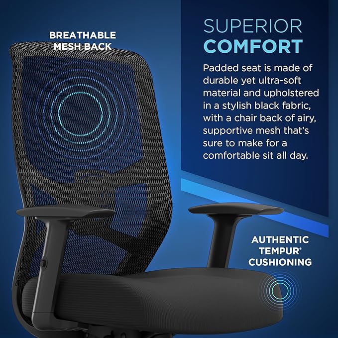 Tempur-Pedic ProTask Executive Task Office Chair with Mesh Back and Built-in Lumbar Support, Height-Adjustable Ergonomic Mesh Office Desk Chair, Black